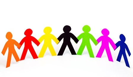 multi-coloured person silhouettes holding hands